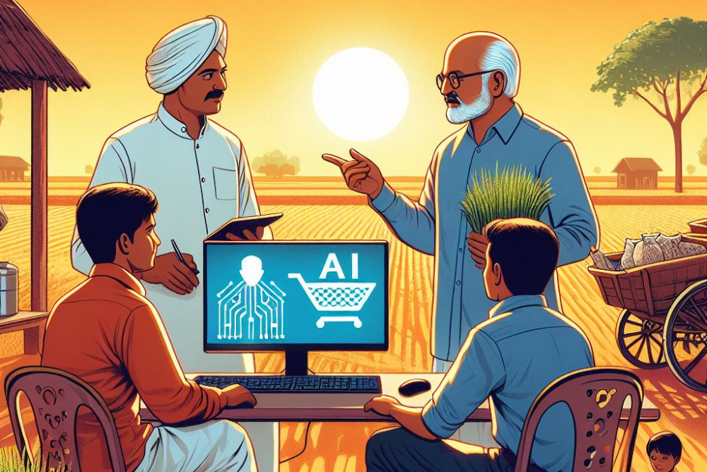 Elderly men teaching about AI to young employee