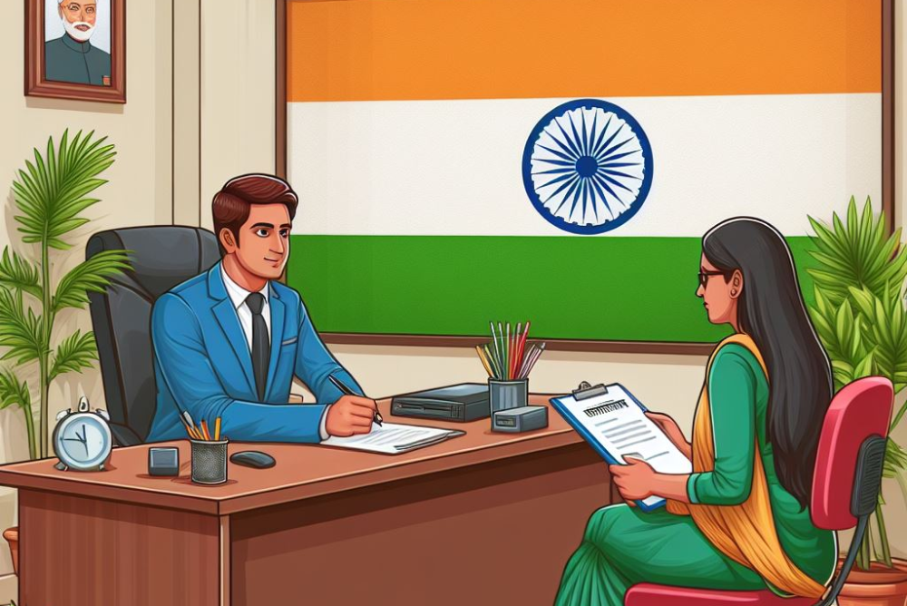 Office Scene of a Men Conducting Interview and a Female Respondent