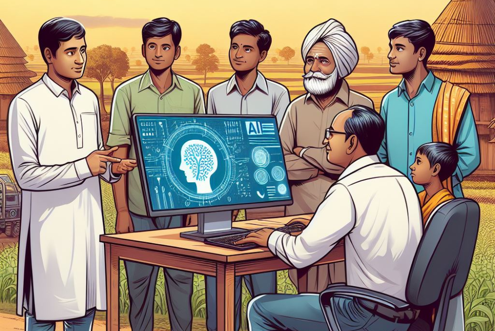 Man explaining group of village people about new technology