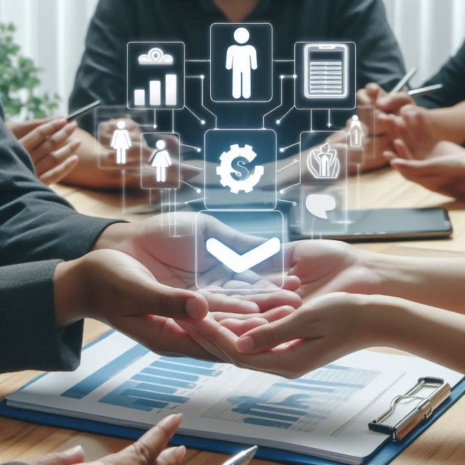 Hands presenting digital icons for business processes, collaboration, and analytics over a table with documents and graphs