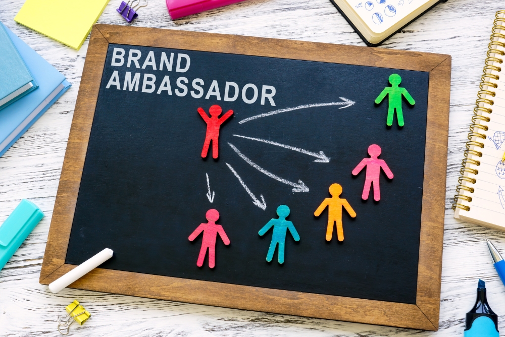 The word brand ambassador written on a slate
