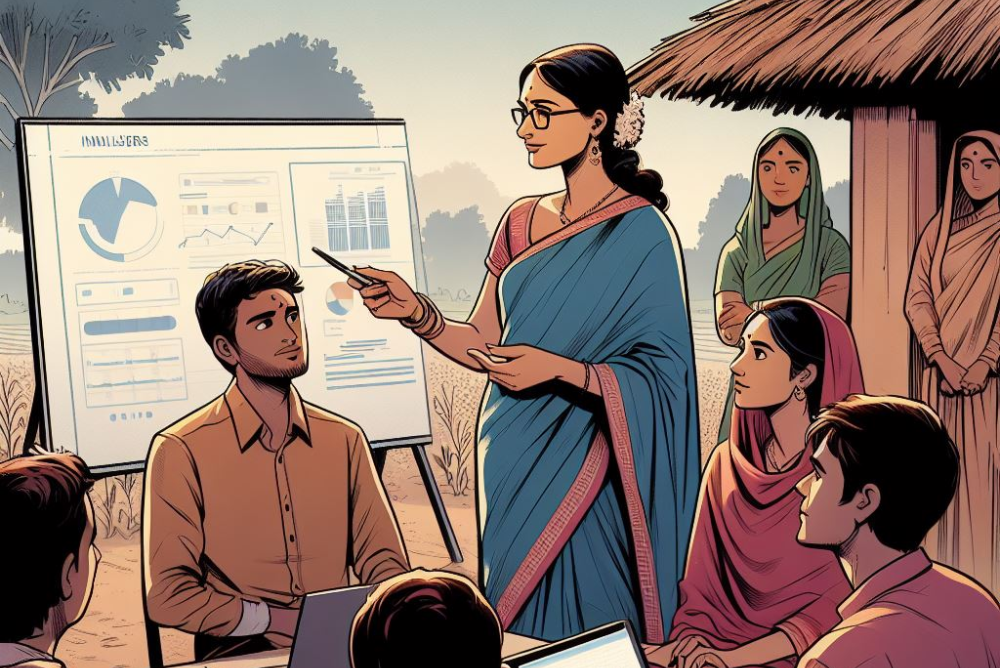 Lady teaching her team member about Data Analysis