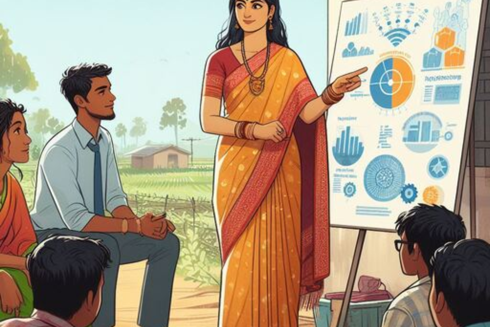 Lady teaching her team member about Data Analysis