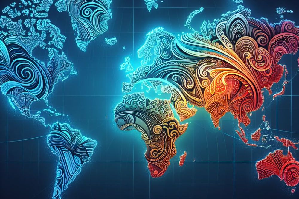 A world map with significant cultural element from each continent