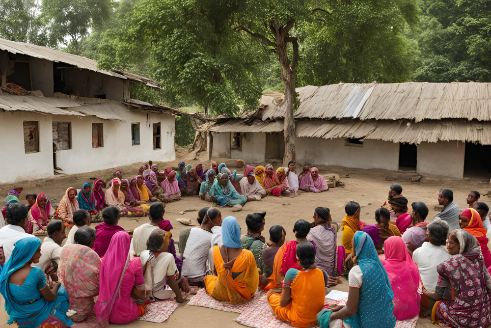 Group of rural community members sitting and having a discussion