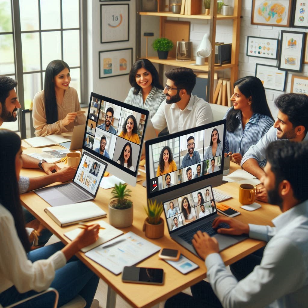 An image of several men and women sitting around a work space, with laptops and laptop screen with images of people in a meeting
