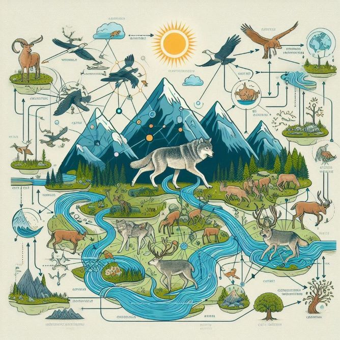 image of an ecosystem with interconnected species, showing how wolves influence rivers, vegetation, and various wildlife through a detailed systems thinking diagram