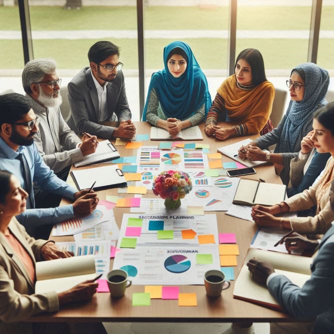 The image of several people sitting around a table with written plans