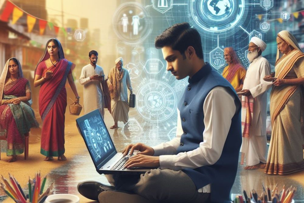 Man using a laptop in the midst of town