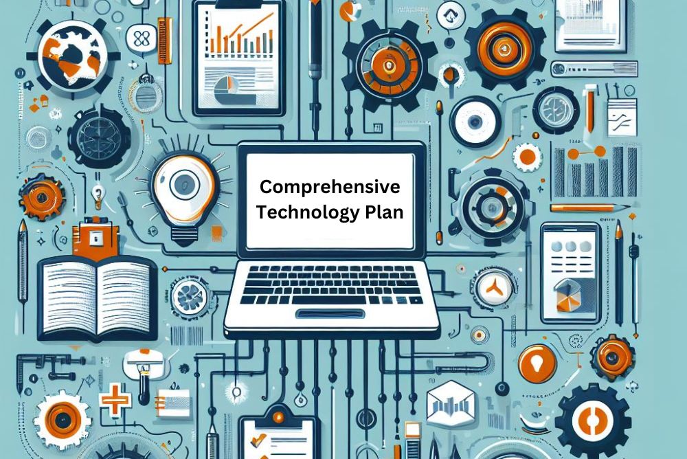 A vector image of laptop displaying "Comprehensive Technology Plan"