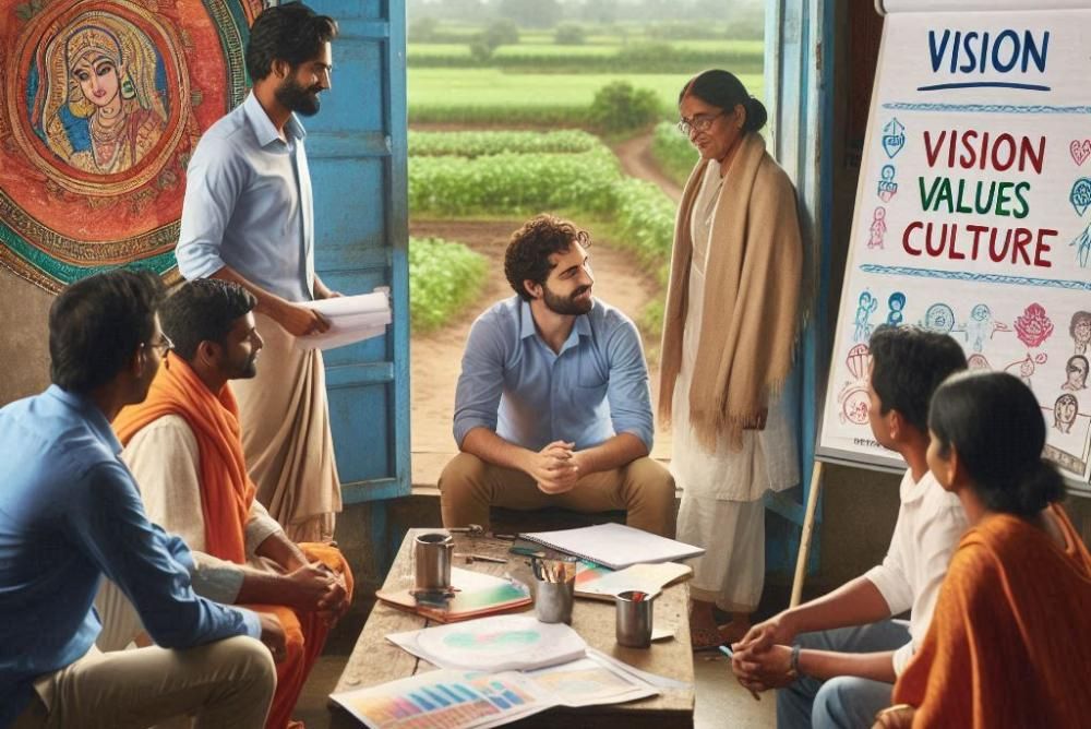 A team of people working together and a facilitator standing with a black board where Vision,  Values and Culture are written