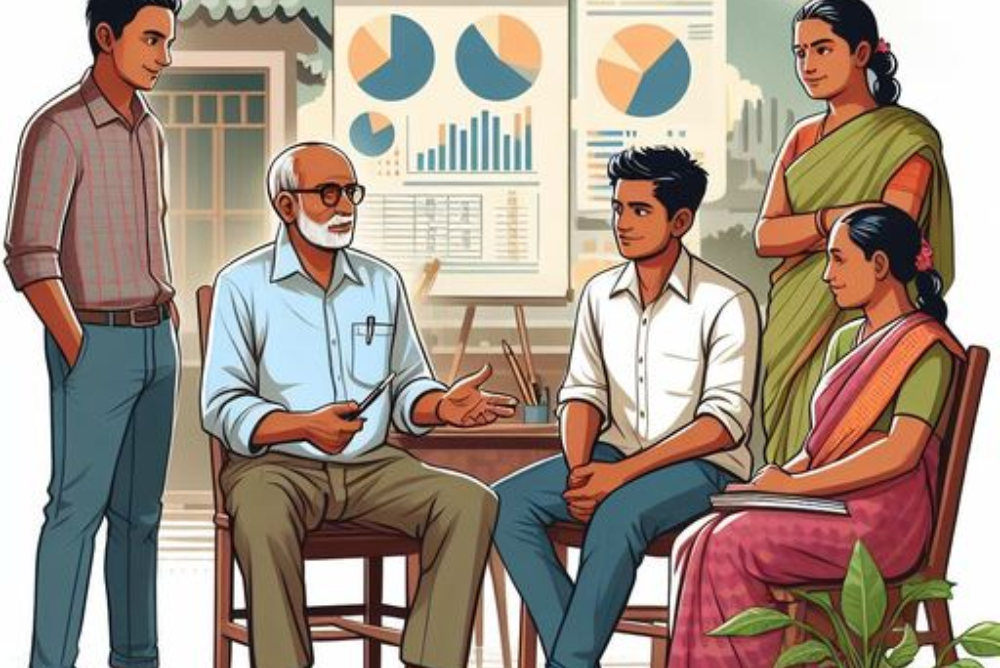 Elderly men teaching about project management to young collogues