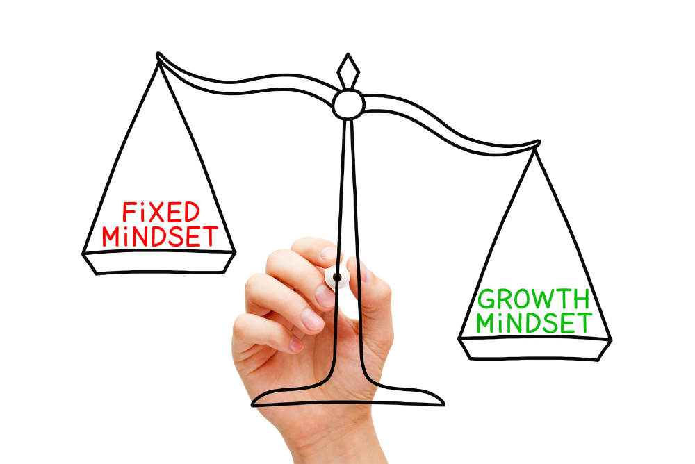 Scales having growth and limited mindsets on both side, growth mindset is heavier.