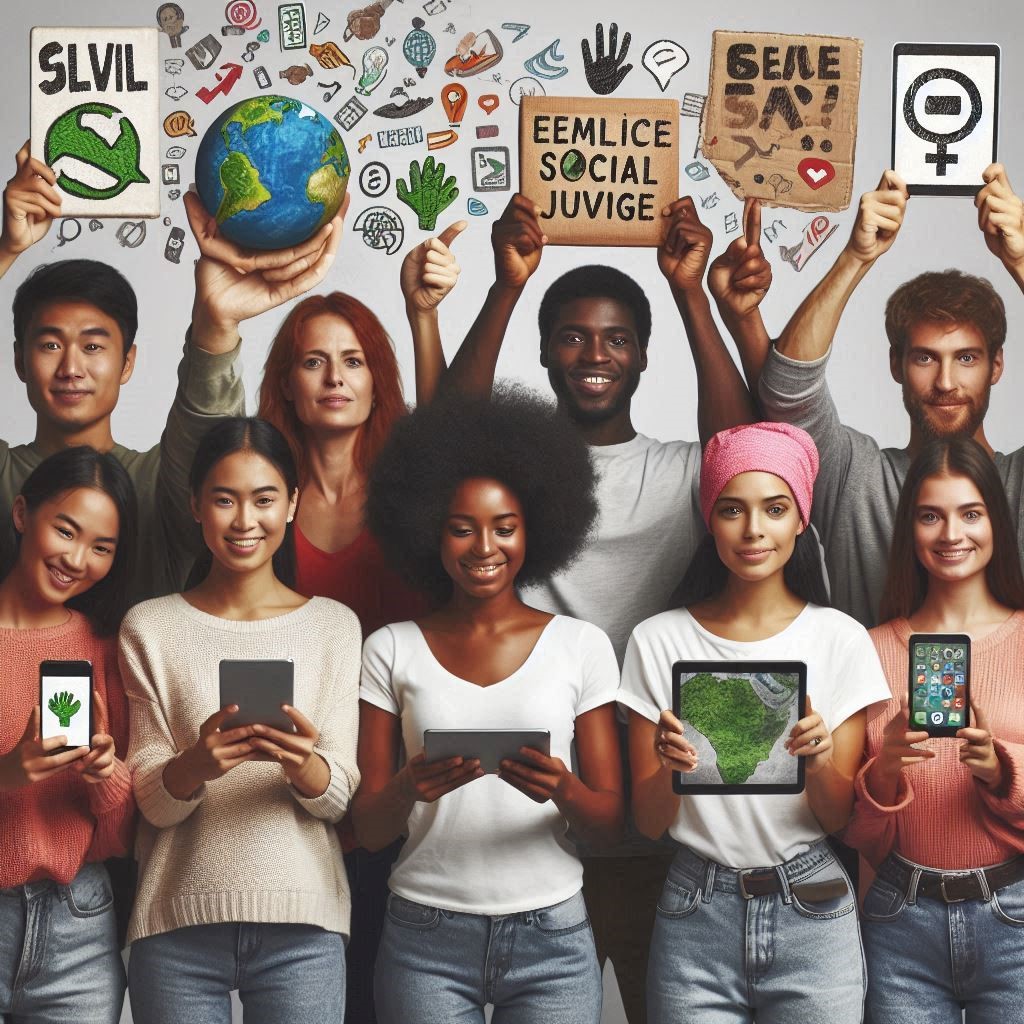 An image of several people facing forward, holding placards and informational boards in their hands