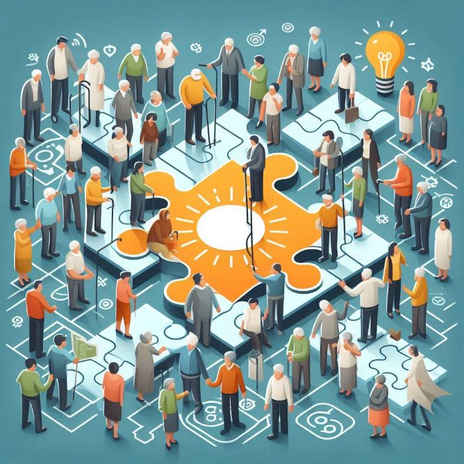 A diverse group of people collaborating on a giant puzzle with a light bulb icon in the center, symbolizing collective problem-solving and community development