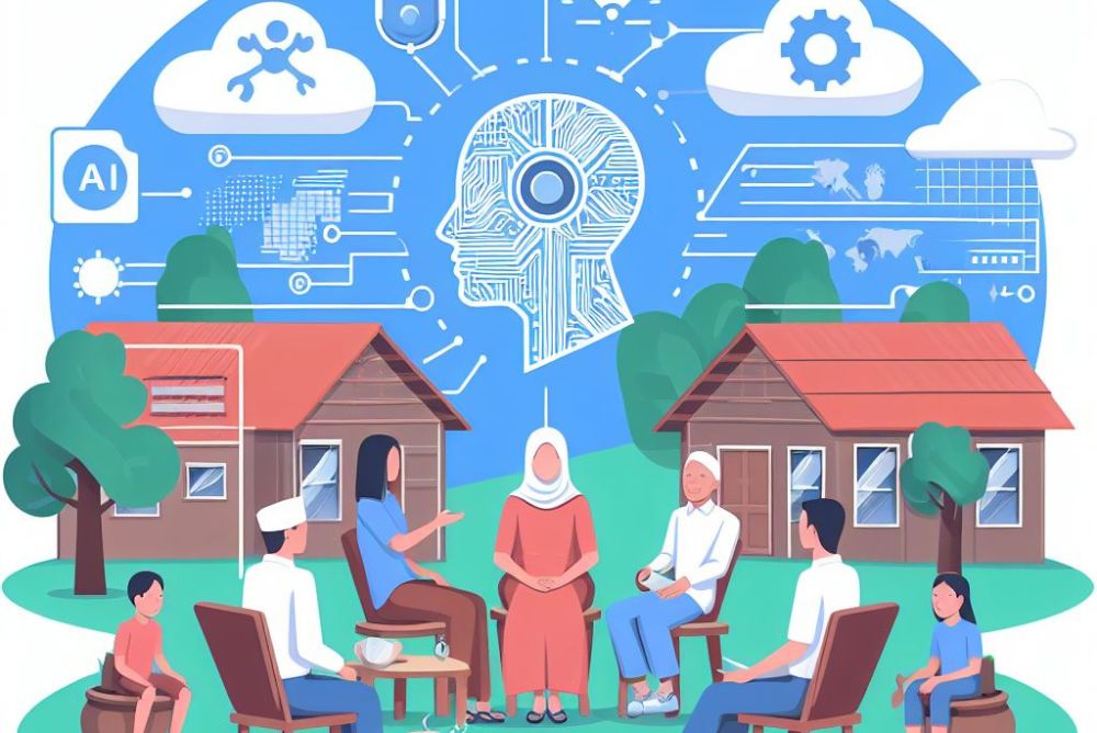 A vector image of people discussing with a background of tech