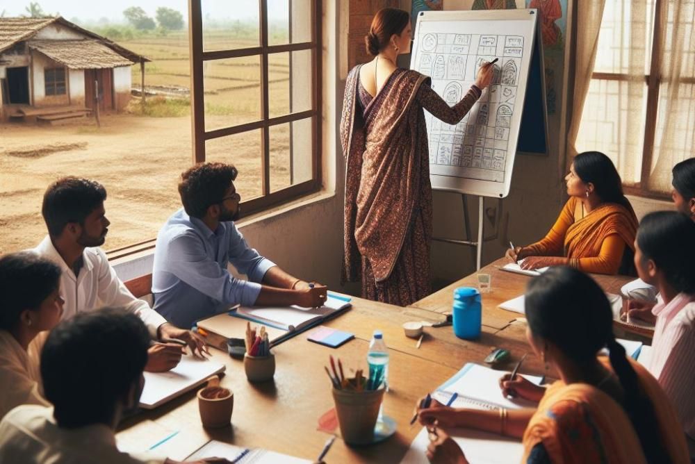 People working on a table and a person standing with a clip board chart paper