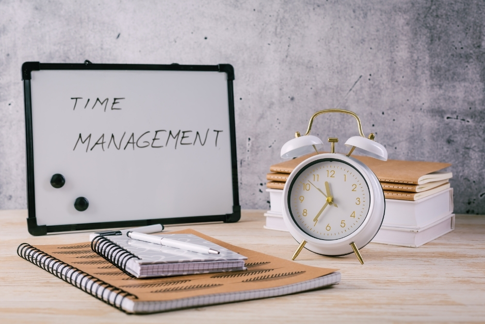 A white board which says time management