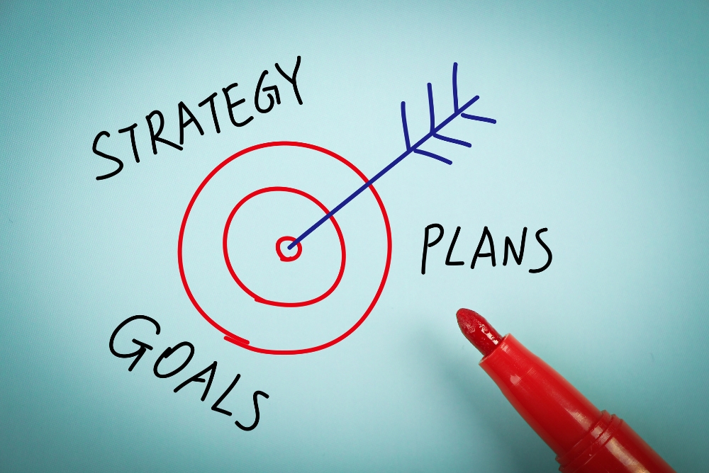 A bullseye with an arrow in it with Goals, Plans, and Strategy surrounding the it.