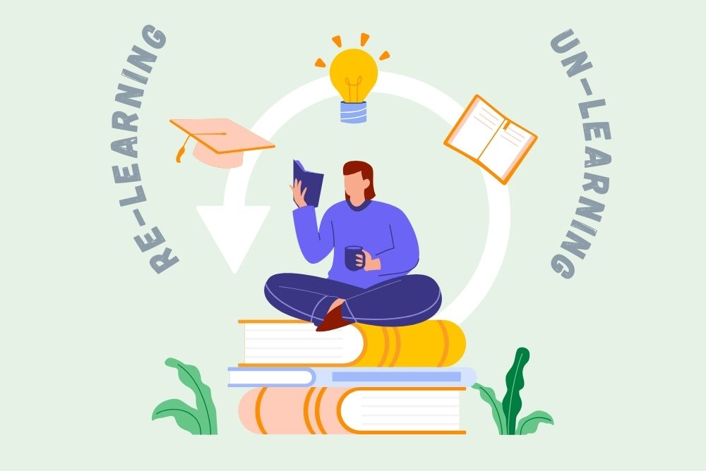 A person reading on top of books, surrounded by a circle showing the cycle of unlearning and relearning.